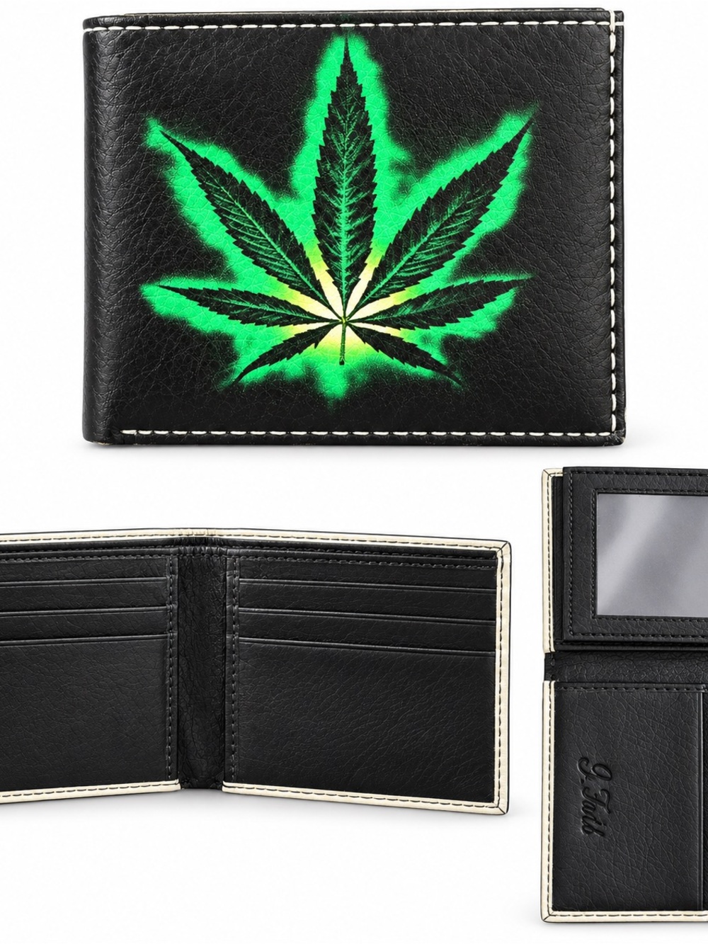 Black Cannabis Leaf Bi-Fold Wallet ID Window Card Holder